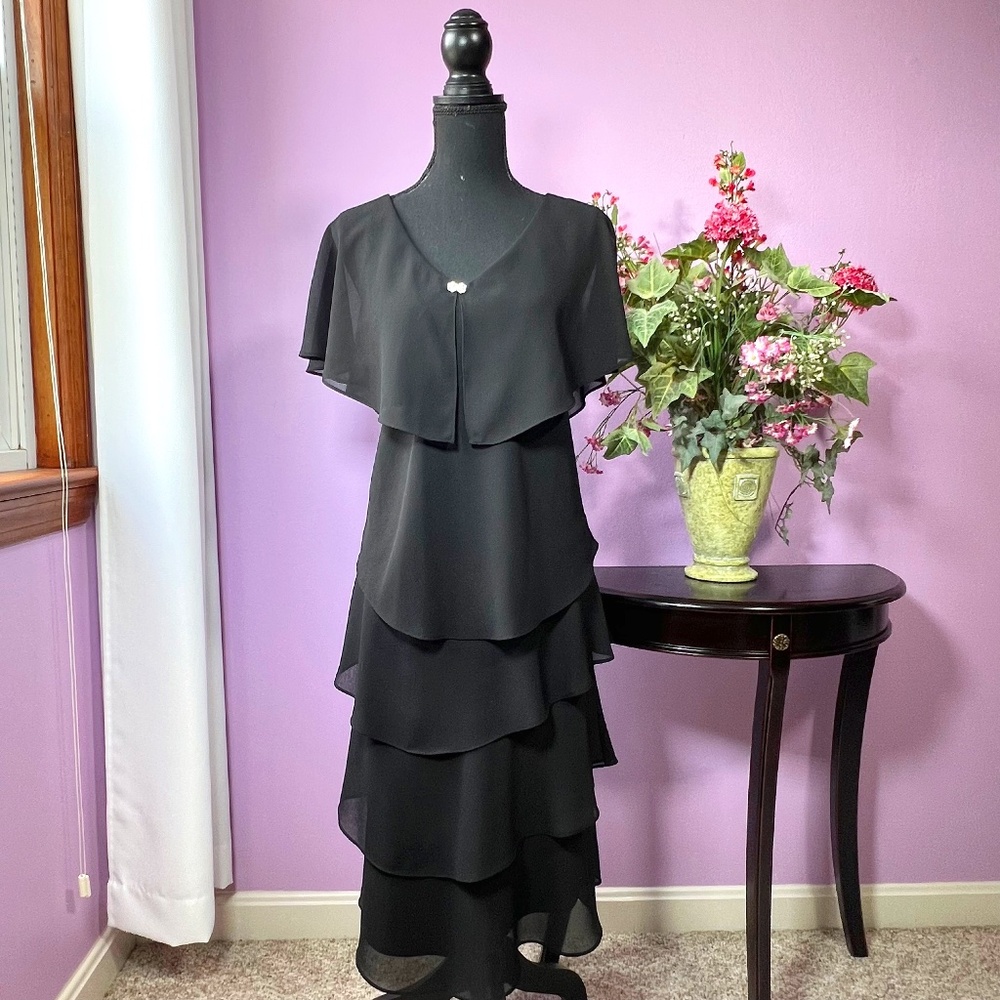 PATRA Black Chiffon Flutter Sleeve *5 Tiered* Flowing Midi Party/Cocktail Dress